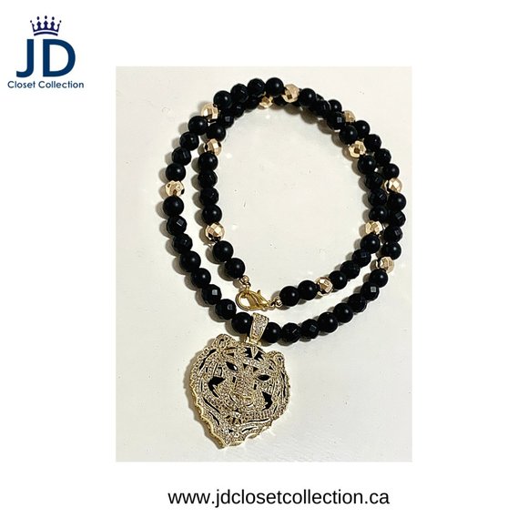 Handmade Matte and Faceted Onyx Necklace w/ 24K gold plated with crystal Tiger - Picture 1 of 3